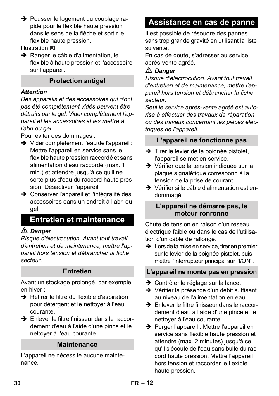 Protection antigel, Entretien et maintenance, Entretien | Maintenance, Assistance en cas de panne, L'appareil ne fonctionne pas, L'appareil ne démarre pas, le moteur ronronne, L'appareil ne monte pas en pression | Karcher K 7 Compact User Manual | Page 30 / 278