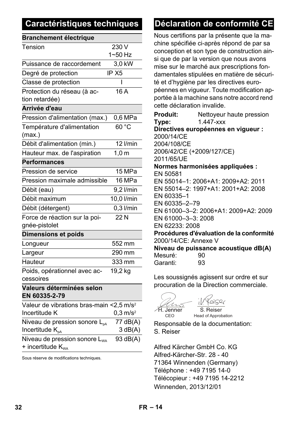 Caractéristiques techniques, Déclaration de conformité ce | Karcher K 7 Compact User Manual | Page 32 / 278