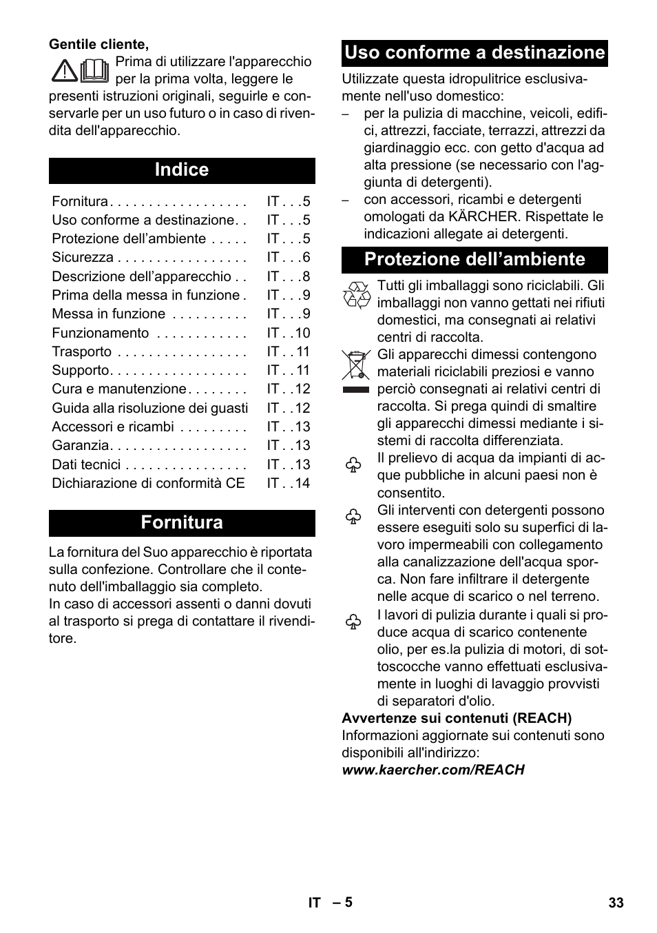 Italiano, Indice, Fornitura | Uso conforme a destinazione, Protezione dell’ambiente | Karcher K 7 Compact User Manual | Page 33 / 278