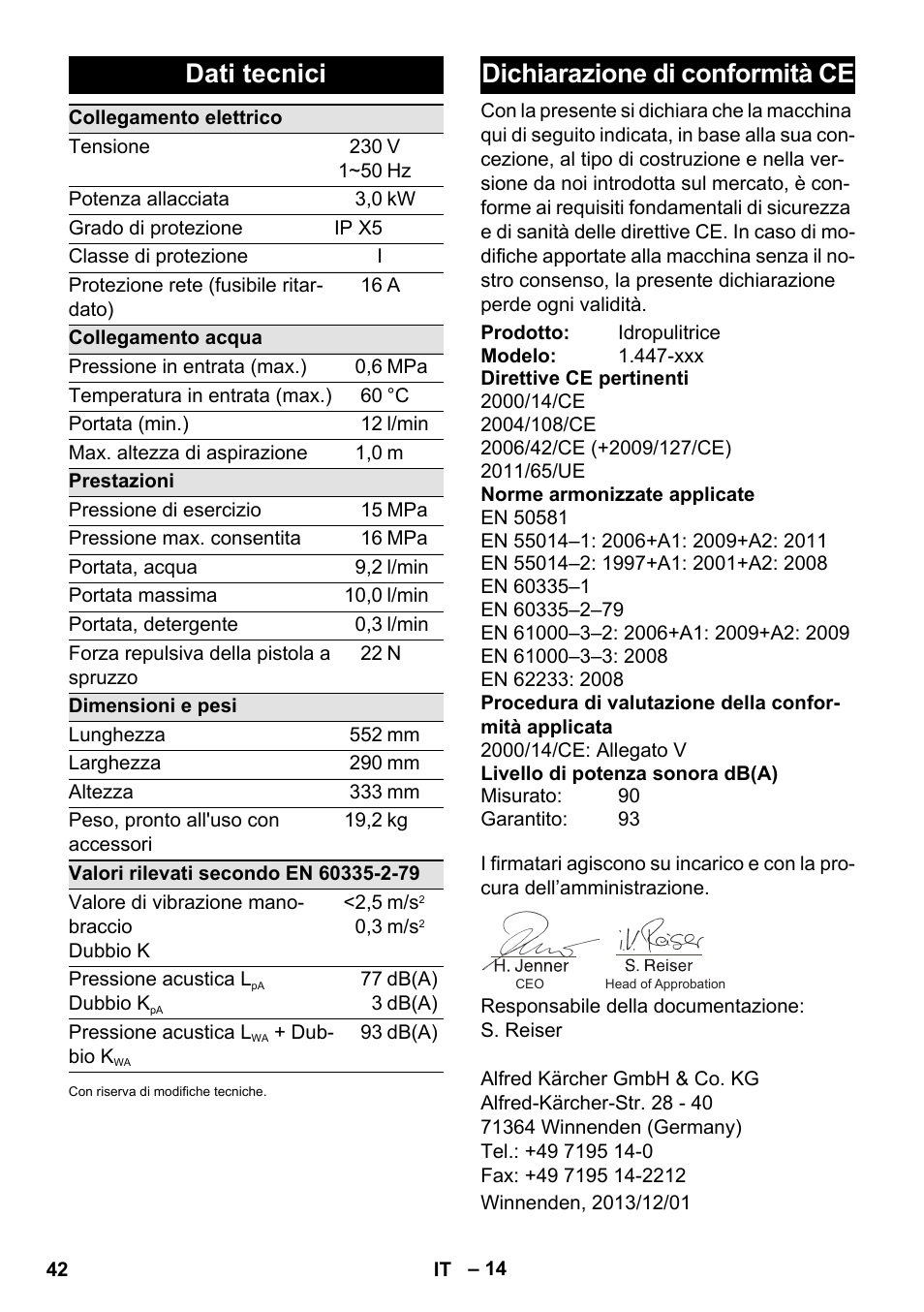 Dati tecnici, Dichiarazione di conformità ce | Karcher K 7 Compact User Manual | Page 42 / 278