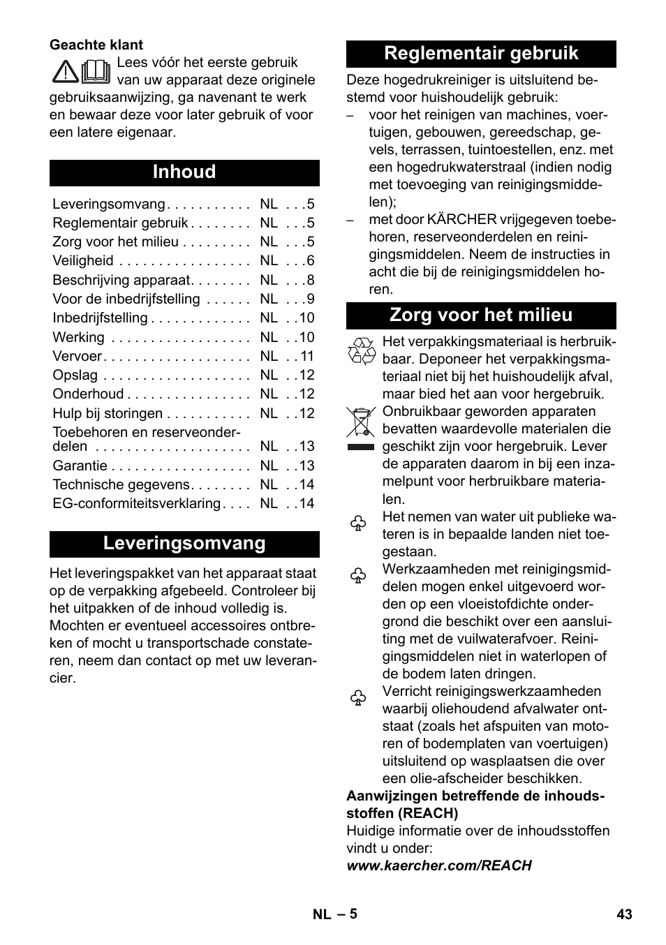 Nederlands, Inhoud, Leveringsomvang | Reglementair gebruik, Zorg voor het milieu | Karcher K 7 Compact User Manual | Page 43 / 278