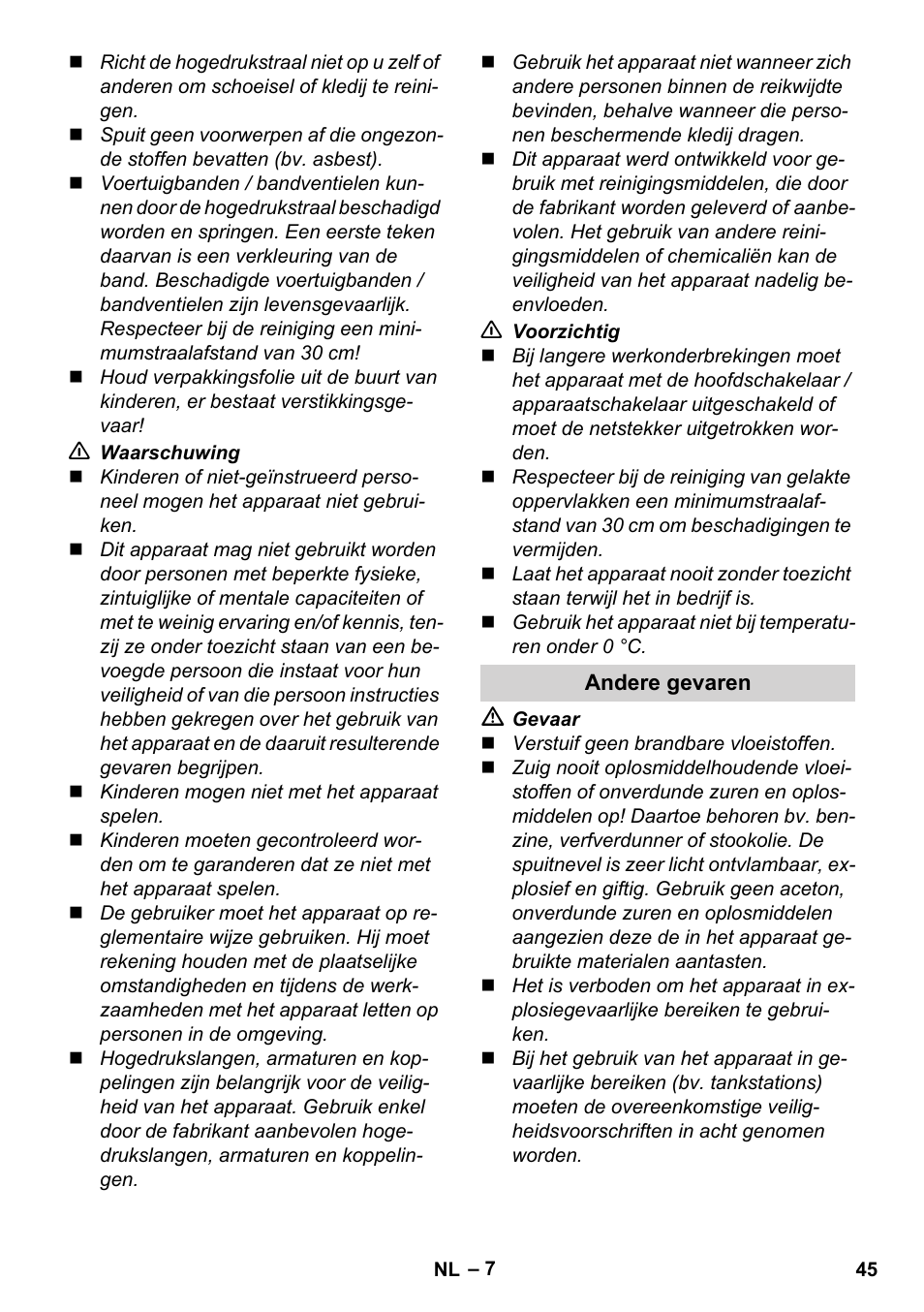 Andere gevaren | Karcher K 7 Compact User Manual | Page 45 / 278