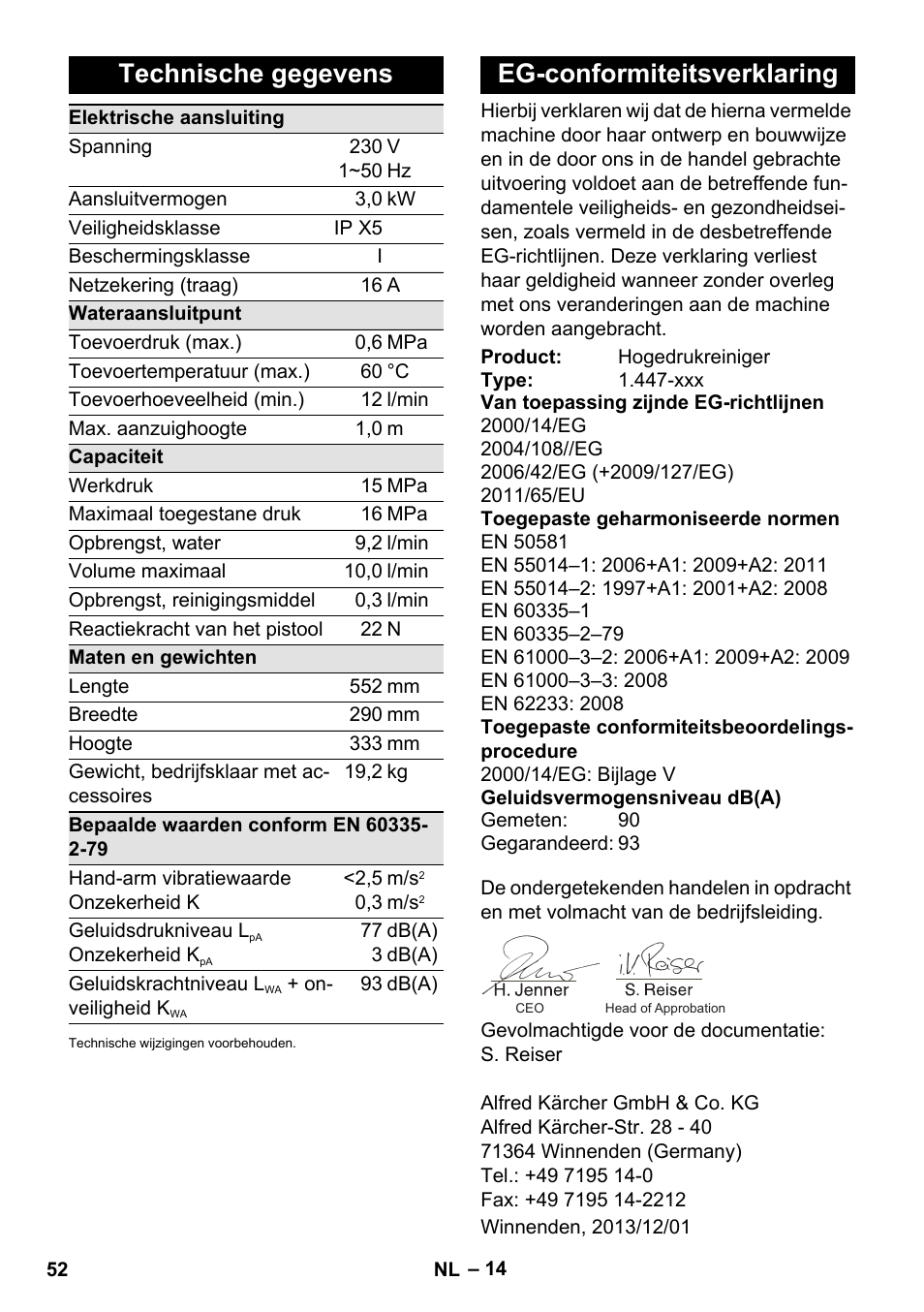 Technische gegevens, Eg-conformiteitsverklaring | Karcher K 7 Compact User Manual | Page 52 / 278