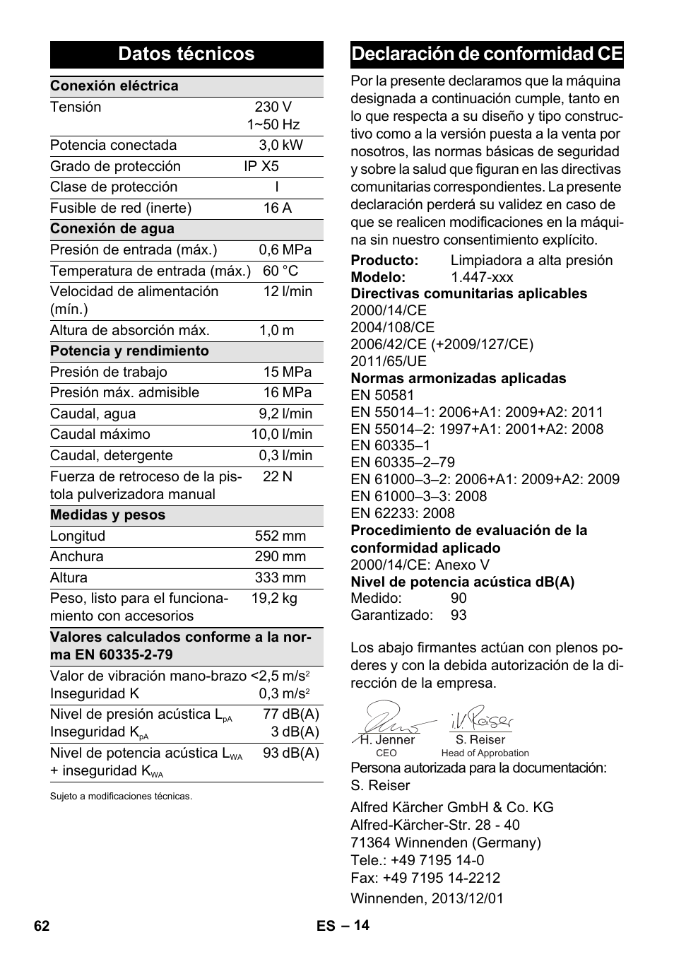 Datos técnicos, Declaración de conformidad ce | Karcher K 7 Compact User Manual | Page 62 / 278