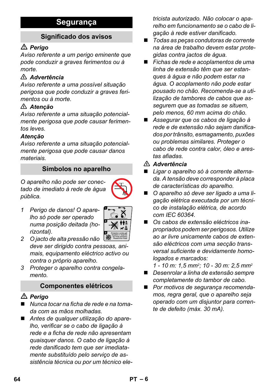 Segurança, Significado dos avisos, Símbolos no aparelho | Componentes elétricos | Karcher K 7 Compact User Manual | Page 64 / 278