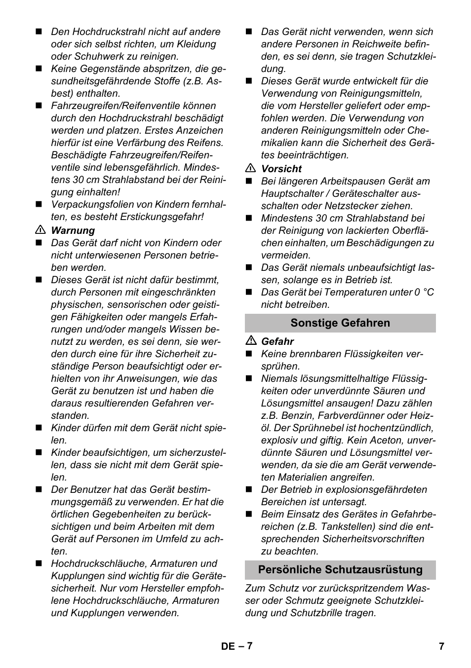 Sonstige gefahren, Persönliche schutzausrüstung | Karcher K 7 Compact User Manual | Page 7 / 278