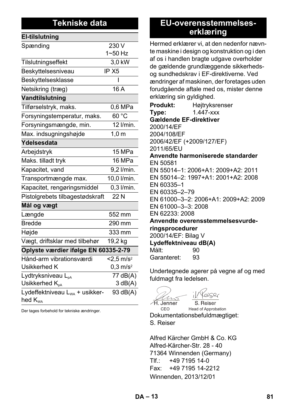 Tekniske data, Eu-overensstemmelses- erklæring | Karcher K 7 Compact User Manual | Page 81 / 278