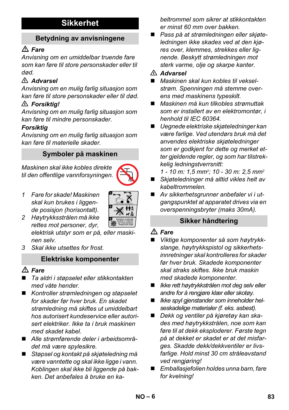 Sikkerhet, Betydning av anvisningene, Symboler på maskinen | Elektriske komponenter, Sikker håndtering | Karcher K 7 Compact User Manual | Page 83 / 278