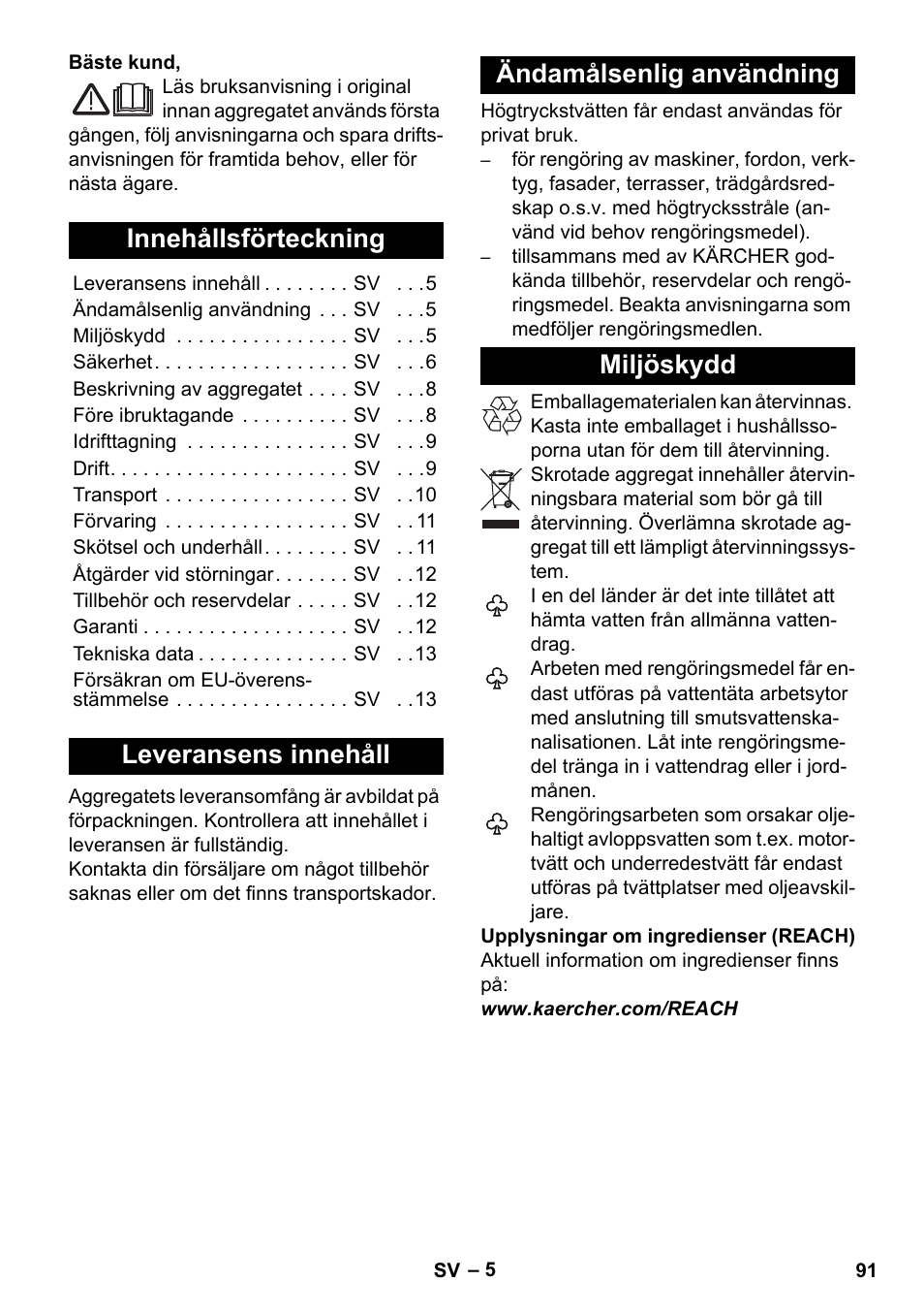 Svenska, Innehållsförteckning, Leveransens innehåll | Ändamålsenlig användning, Miljöskydd | Karcher K 7 Compact User Manual | Page 91 / 278