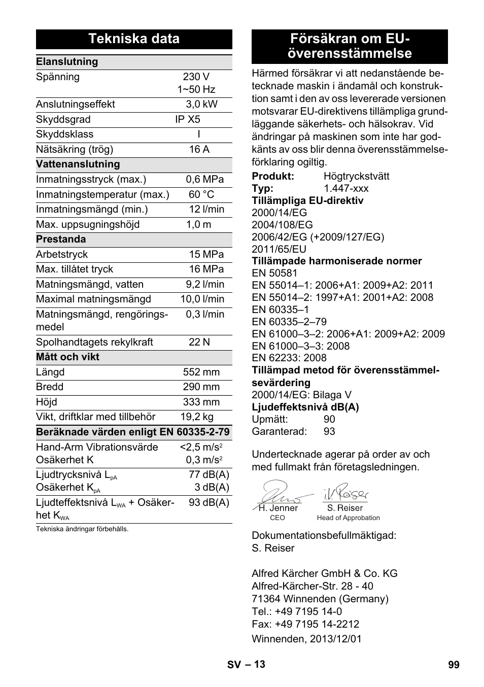 Tekniska data, Försäkran om eu- överensstämmelse | Karcher K 7 Compact User Manual | Page 99 / 278