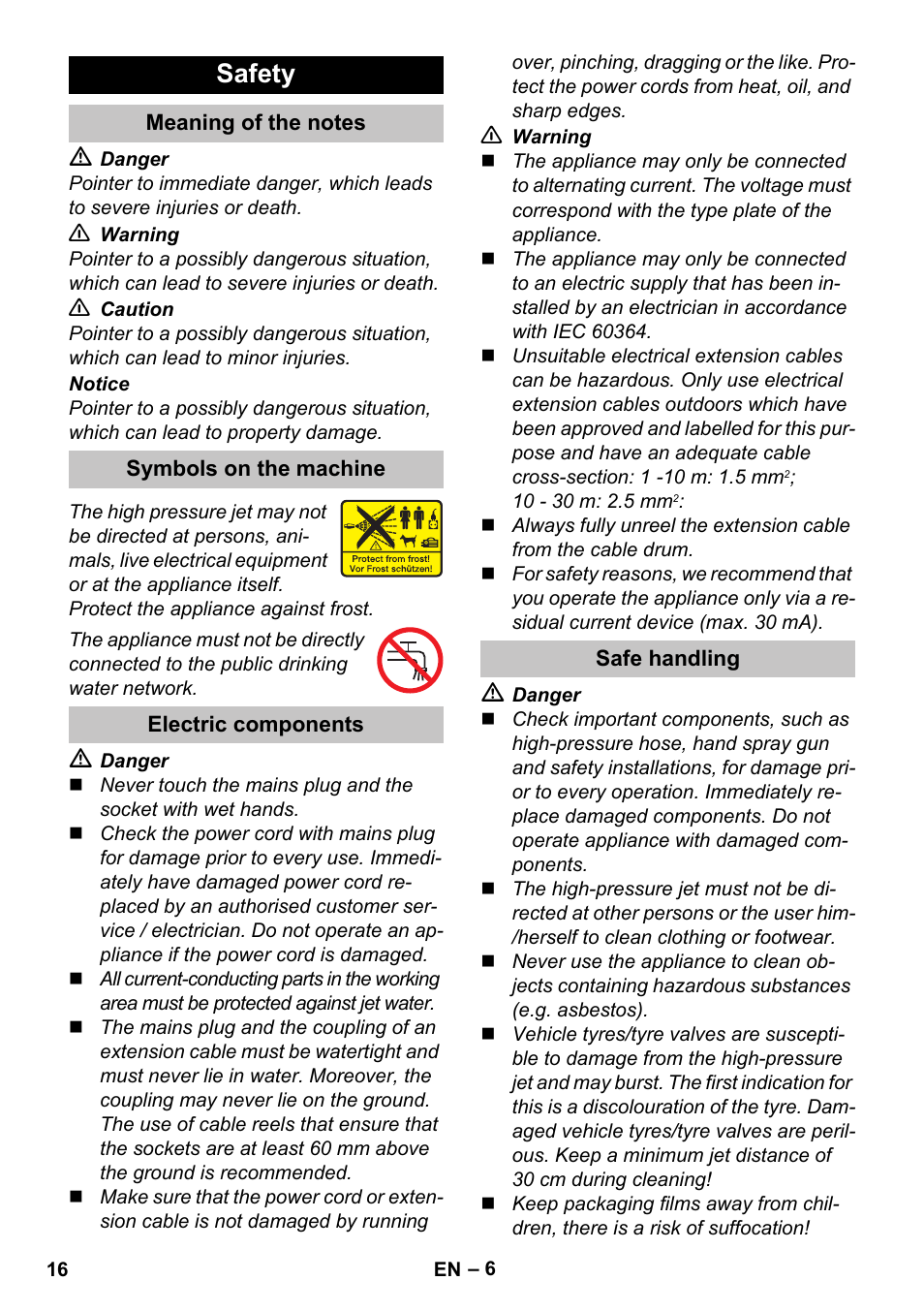 Safety, Meaning of the notes, Symbols on the machine | Electric components, Safe handling | Karcher K 5 Car User Manual | Page 16 / 50