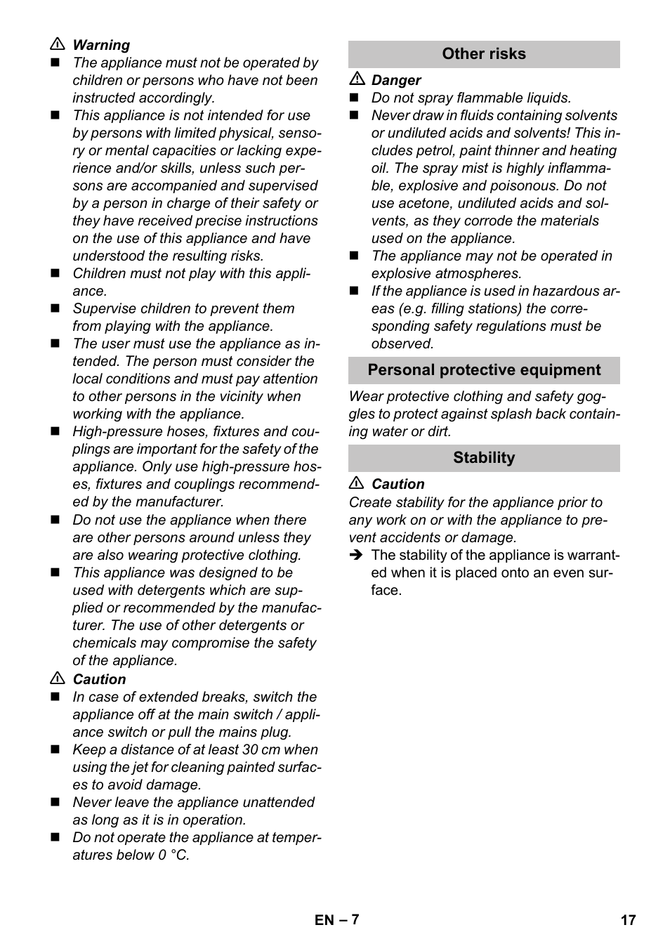 Other risks, Personal protective equipment, Stability | Karcher K 5 Car User Manual | Page 17 / 50