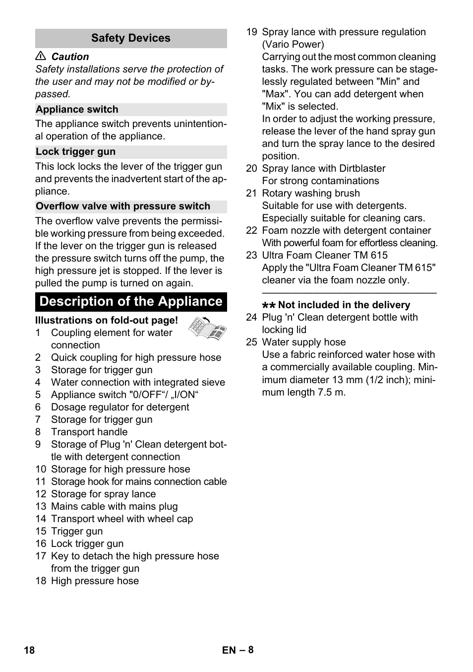 Safety devices, Appliance switch, Lock trigger gun | Overflow valve with pressure switch, Description of the appliance | Karcher K 5 Car User Manual | Page 18 / 50