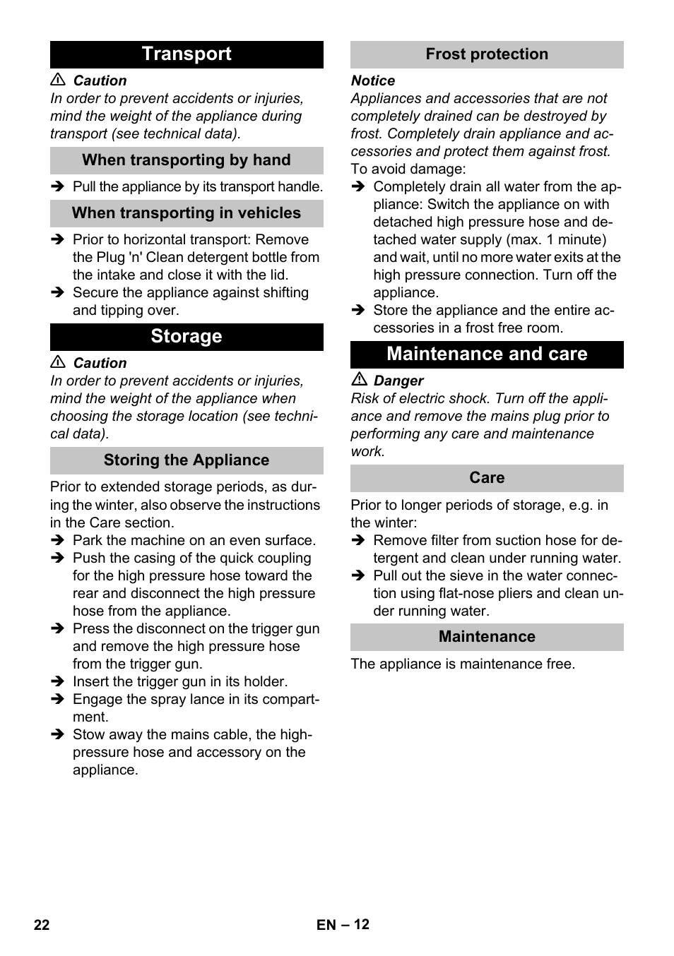 Transport, When transporting by hand, When transporting in vehicles | Storage, Storing the appliance, Frost protection, Maintenance and care, Care, Maintenance | Karcher K 5 Car User Manual | Page 22 / 50