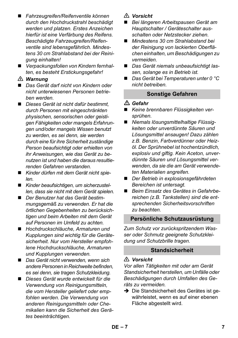 Sonstige gefahren, Persönliche schutzausrüstung, Standsicherheit | Karcher K 5 Car User Manual | Page 7 / 50