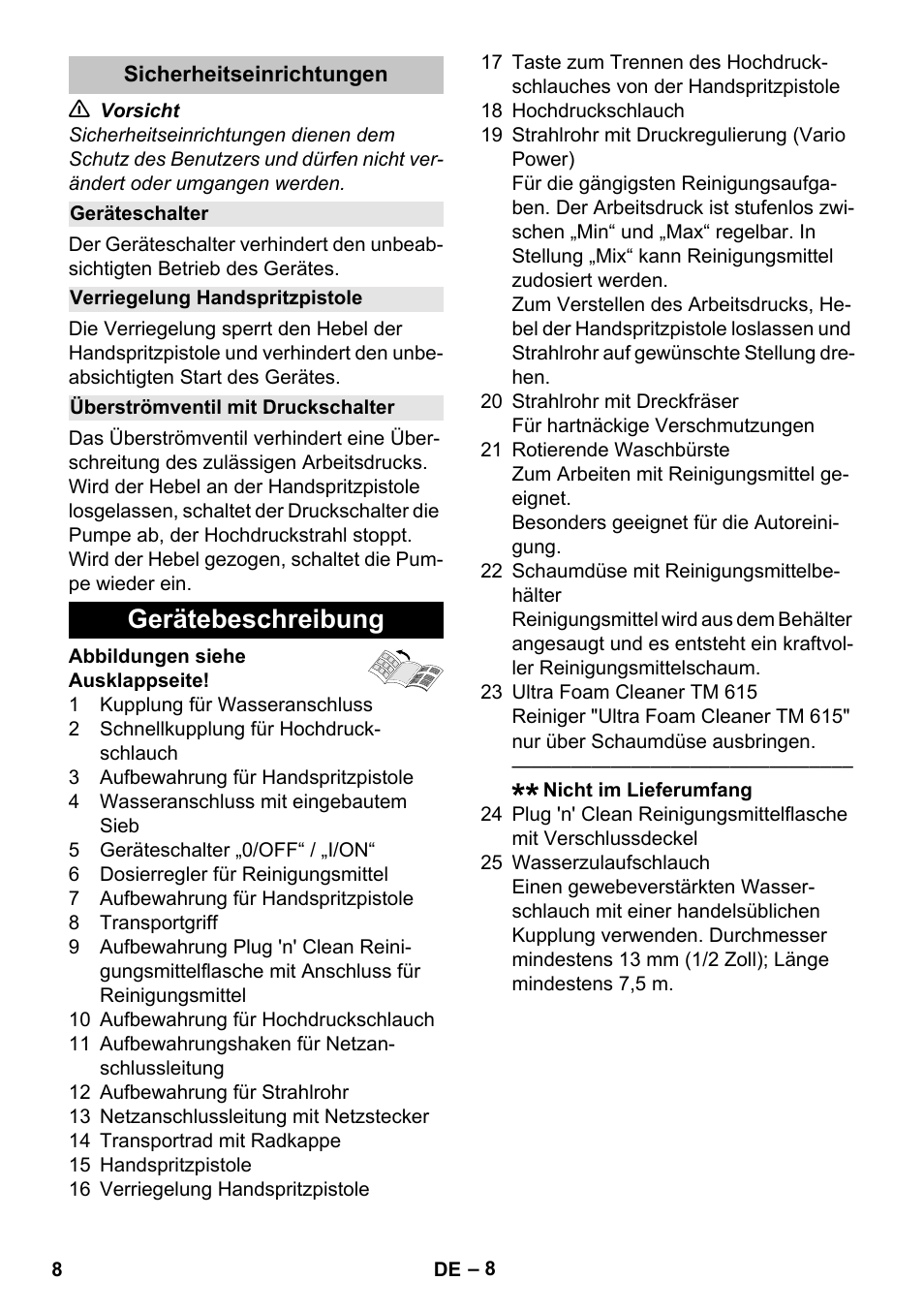 Sicherheitseinrichtungen, Geräteschalter, Verriegelung handspritzpistole | Überströmventil mit druckschalter, Gerätebeschreibung | Karcher K 5 Car User Manual | Page 8 / 50