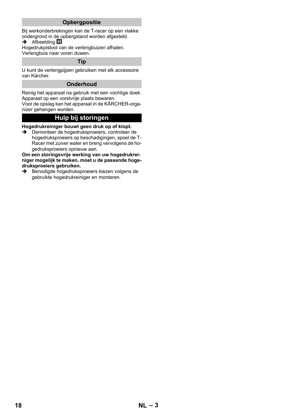 Opbergpositie, Onderhoud, Hulp bij storingen | Karcher K 7 Premium eco!ogic Home User Manual | Page 18 / 96