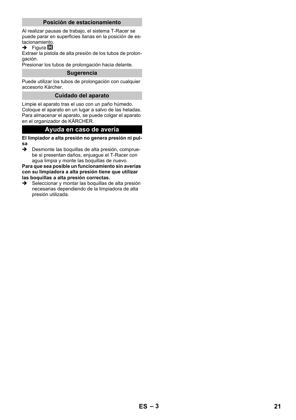 Posición de estacionamiento, Sugerencia, Cuidado del aparato | Ayuda en caso de avería | Karcher K 7 Premium eco!ogic Home User Manual | Page 21 / 96