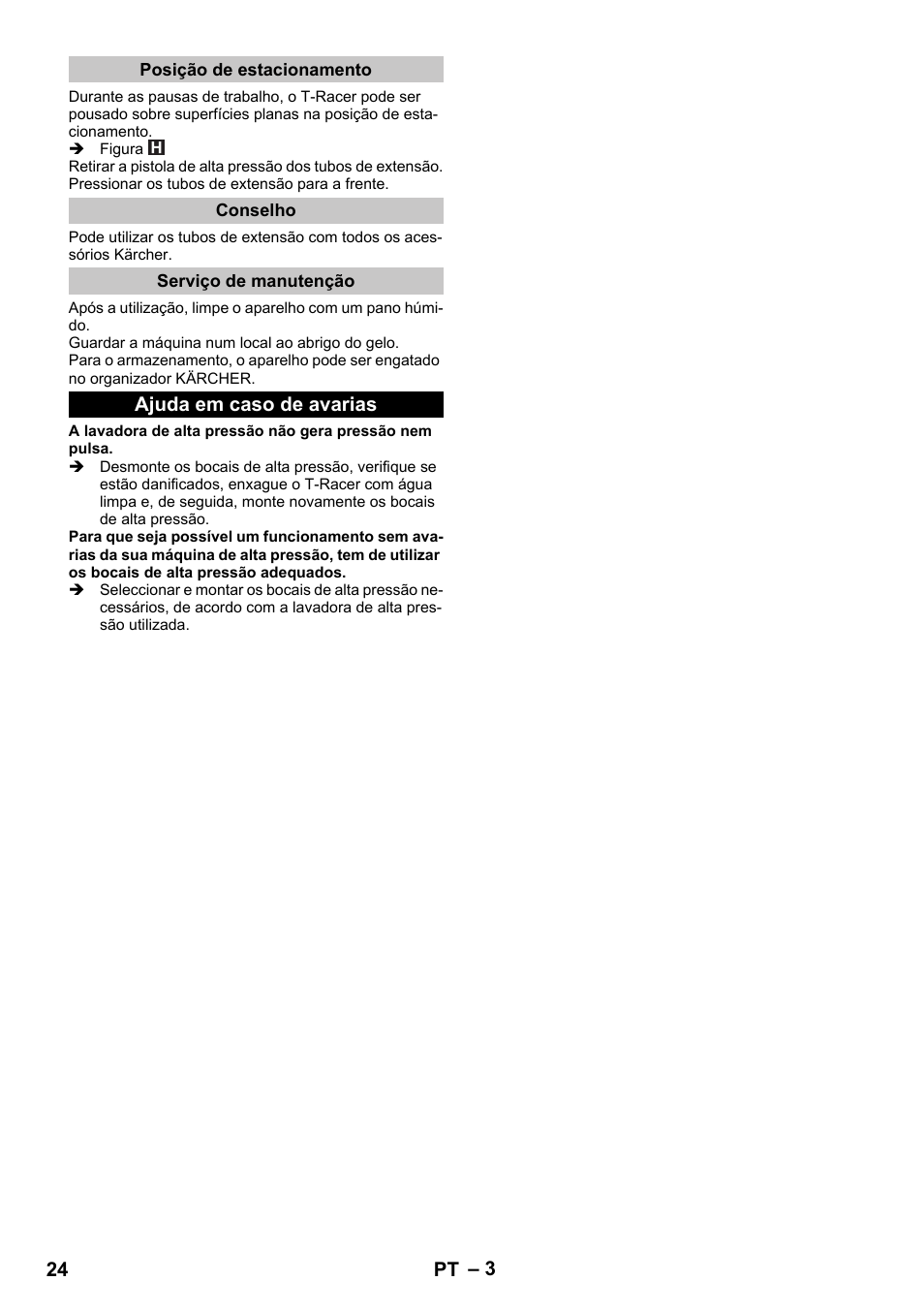 Posição de estacionamento, Conselho, Serviço de manutenção | Ajuda em caso de avarias | Karcher K 7 Premium eco!ogic Home User Manual | Page 24 / 96