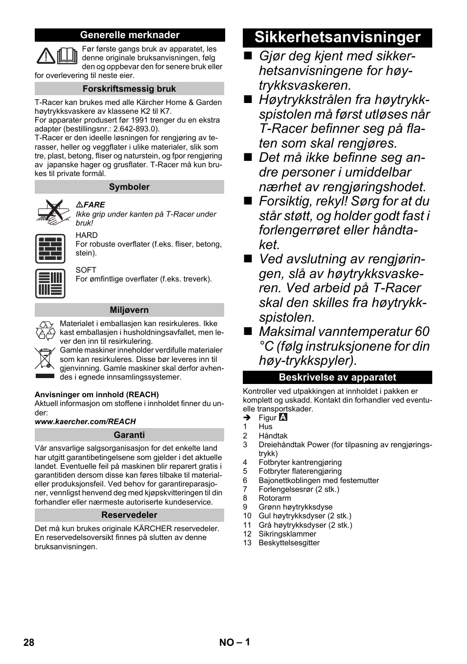 Norsk, Generelle merknader, Forskriftsmessig bruk | Symboler, Miljøvern, Garanti, Reservedeler, Sikkerhetsanvisninger, Beskrivelse av apparatet | Karcher K 7 Premium eco!ogic Home User Manual | Page 28 / 96