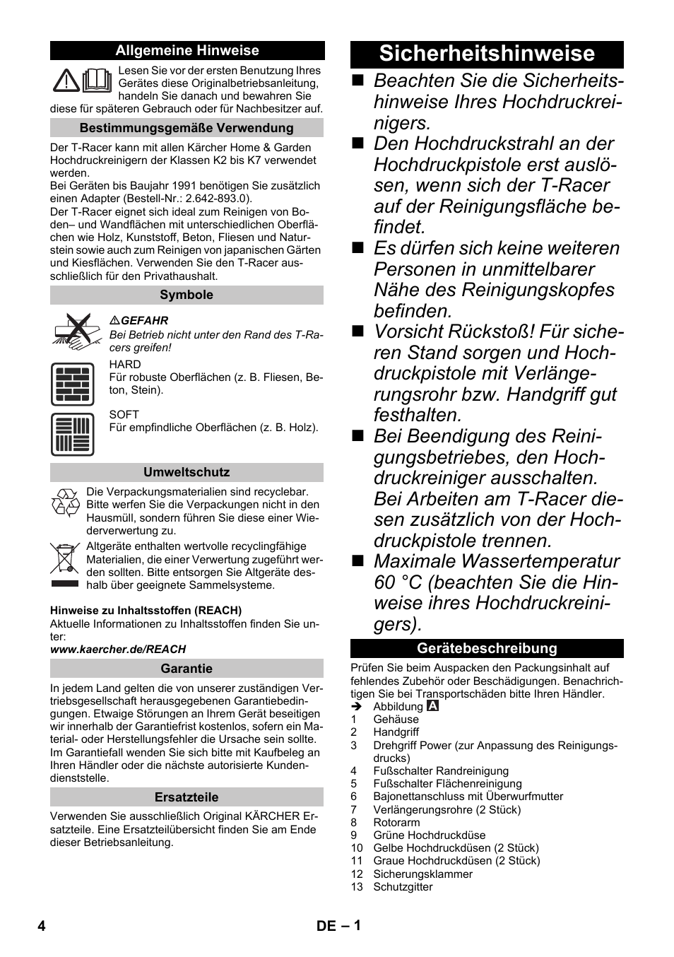 Deutsch, Allgemeine hinweise, Bestimmungsgemäße verwendung | Symbole, Umweltschutz, Garantie, Ersatzteile, Sicherheitshinweise, Gerätebeschreibung | Karcher K 7 Premium eco!ogic Home User Manual | Page 4 / 96