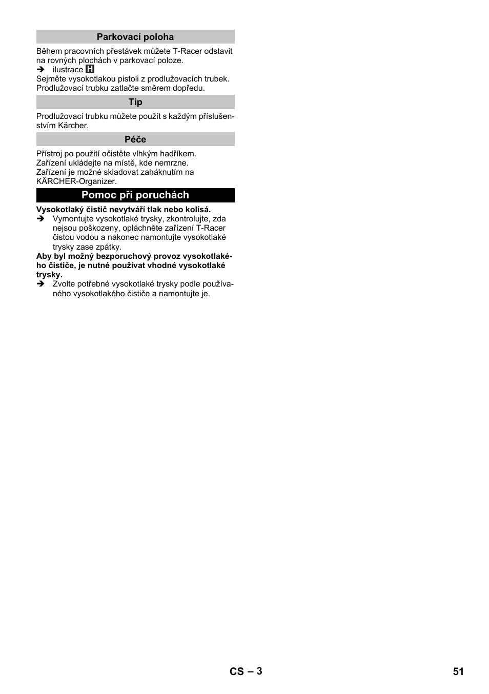 Parkovací poloha, Péče, Pomoc při poruchách | Karcher K 7 Premium eco!ogic Home User Manual | Page 51 / 96