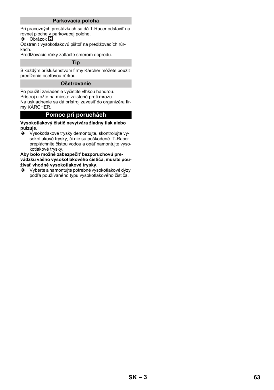 Parkovacia poloha, Ošetrovanie, Pomoc pri poruchách | Karcher K 7 Premium eco!ogic Home User Manual | Page 63 / 96