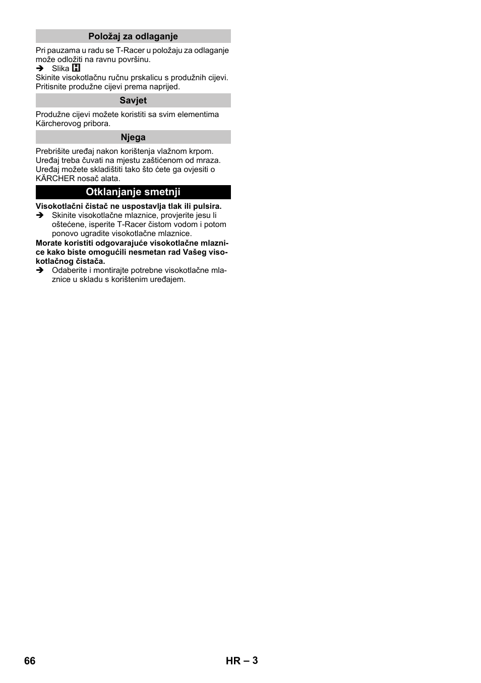 Položaj za odlaganje, Savjet, Njega | Otklanjanje smetnji | Karcher K 7 Premium eco!ogic Home User Manual | Page 66 / 96