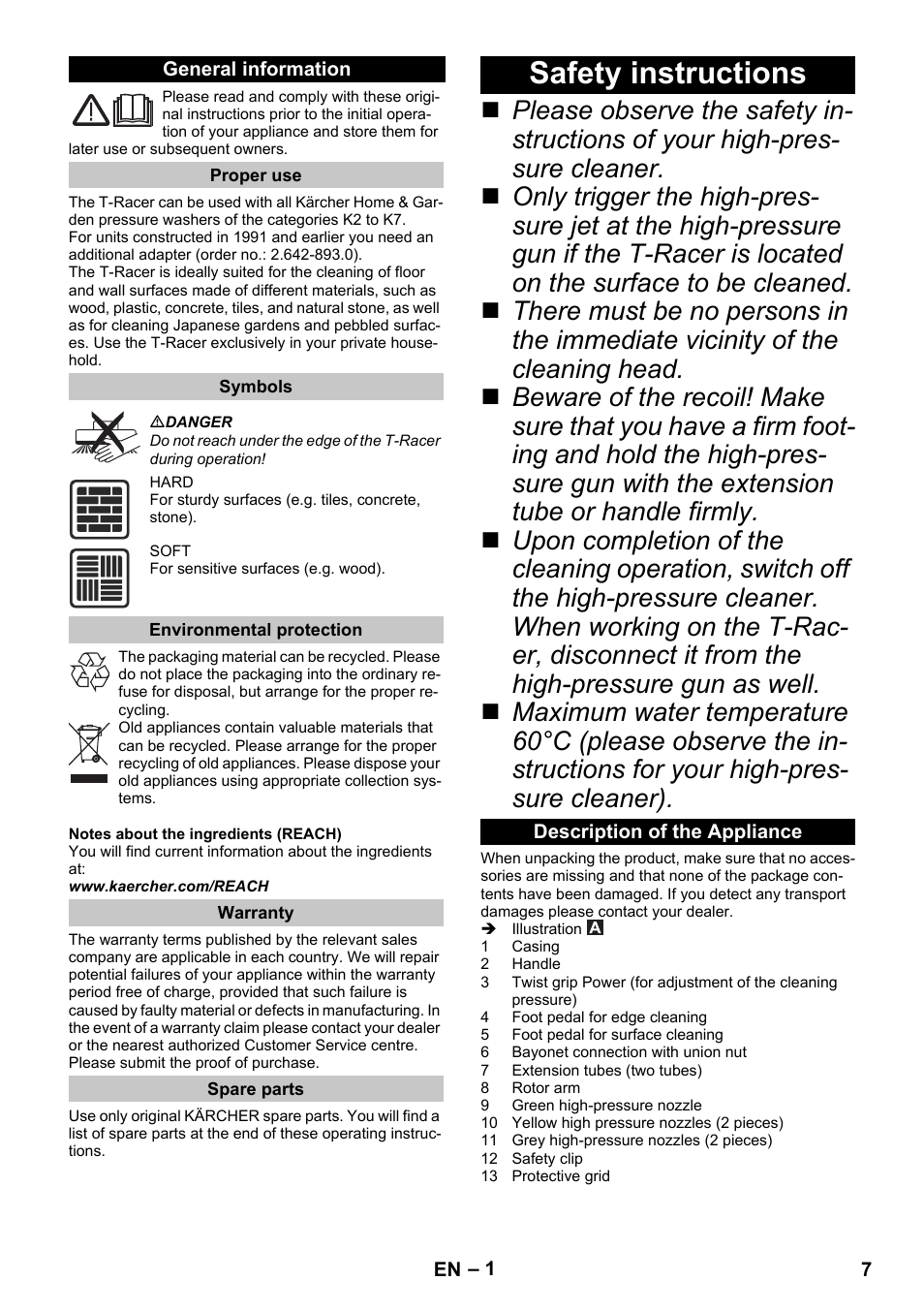 English, General information, Proper use | Symbols, Environmental protection, Warranty, Spare parts, Safety instructions, Description of the appliance | Karcher K 7 Premium eco!ogic Home User Manual | Page 7 / 96