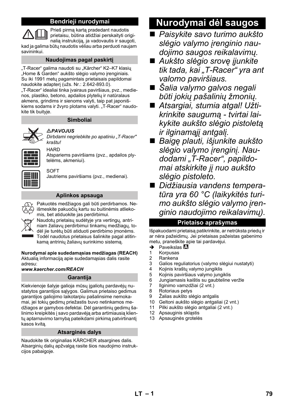 Lietuviškai, Bendrieji nurodymai, Naudojimas pagal paskirtį | Simboliai, Aplinkos apsauga, Garantija, Atsarginės dalys, Nurodymai dėl saugos, Prietaiso aprašymas | Karcher K 7 Premium eco!ogic Home User Manual | Page 79 / 96