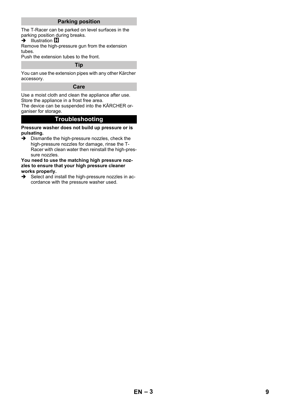 Parking position, Care, Troubleshooting | Karcher K 7 Premium eco!ogic Home User Manual | Page 9 / 96