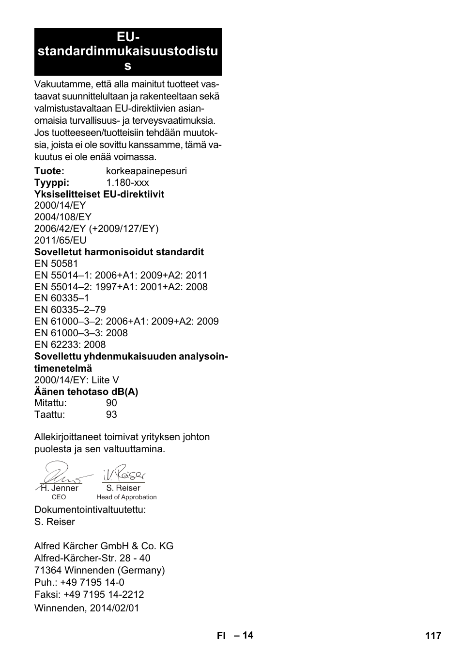 Eu- standardinmukaisuustodistu s | Karcher K 4 Premium eco!ogic Home User Manual | Page 117 / 286