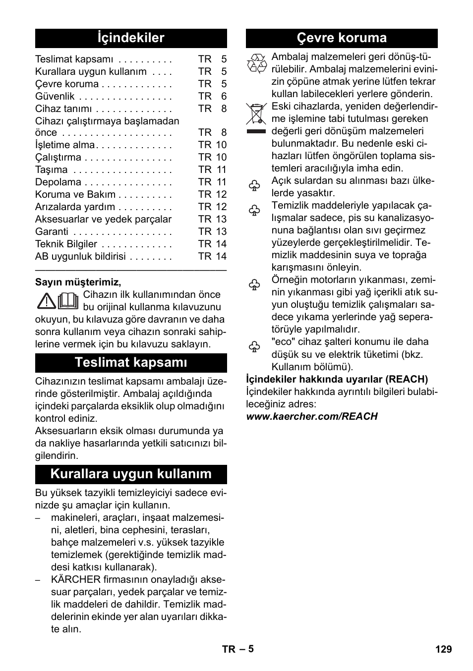Türkçe, Içindekiler, Teslimat kapsamı | Kurallara uygun kullanım, Çevre koruma | Karcher K 4 Premium eco!ogic Home User Manual | Page 129 / 286