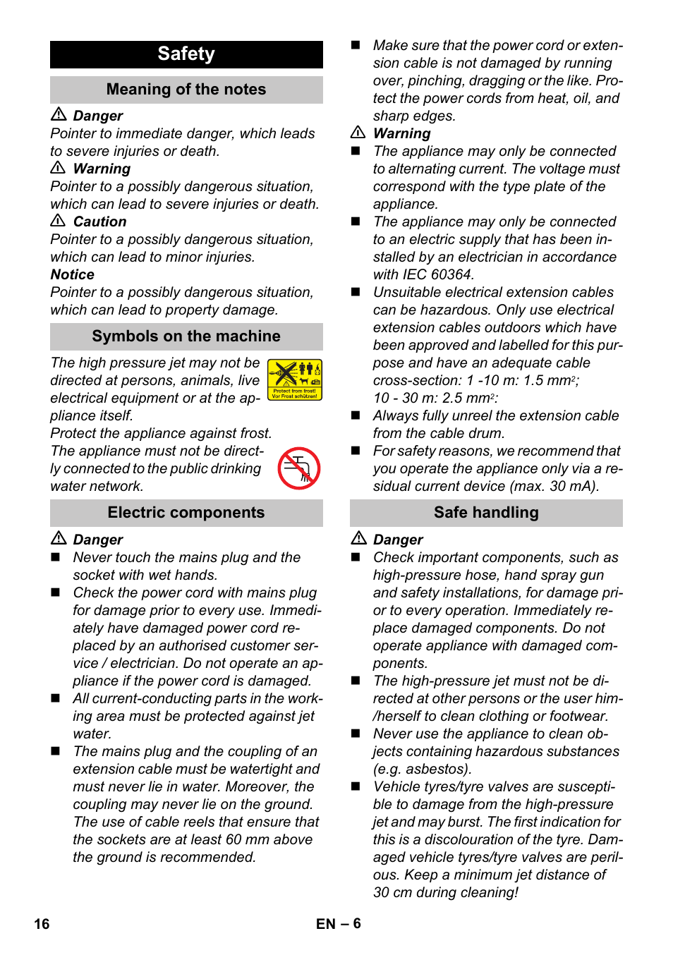 Safety, Meaning of the notes, Symbols on the machine | Electric components, Safe handling | Karcher K 4 Premium eco!ogic Home User Manual | Page 16 / 286