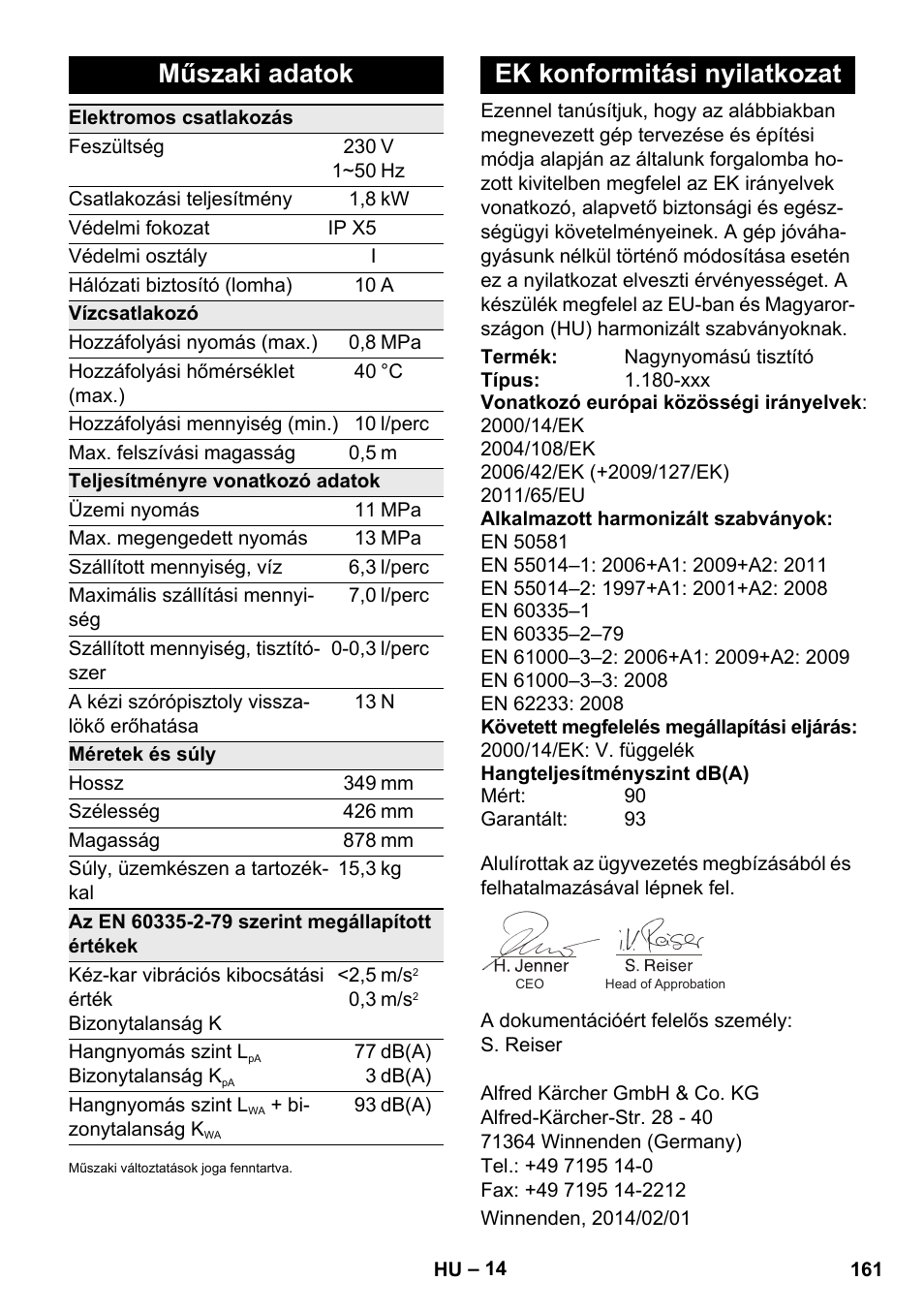 Műszaki adatok, Ek konformitási nyilatkozat | Karcher K 4 Premium eco!ogic Home User Manual | Page 161 / 286