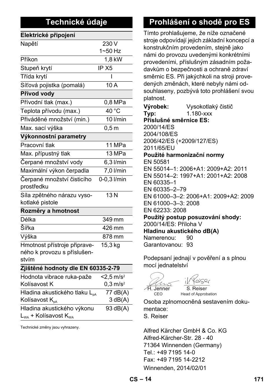 Technické údaje, Prohlášení o shodě pro es | Karcher K 4 Premium eco!ogic Home User Manual | Page 171 / 286