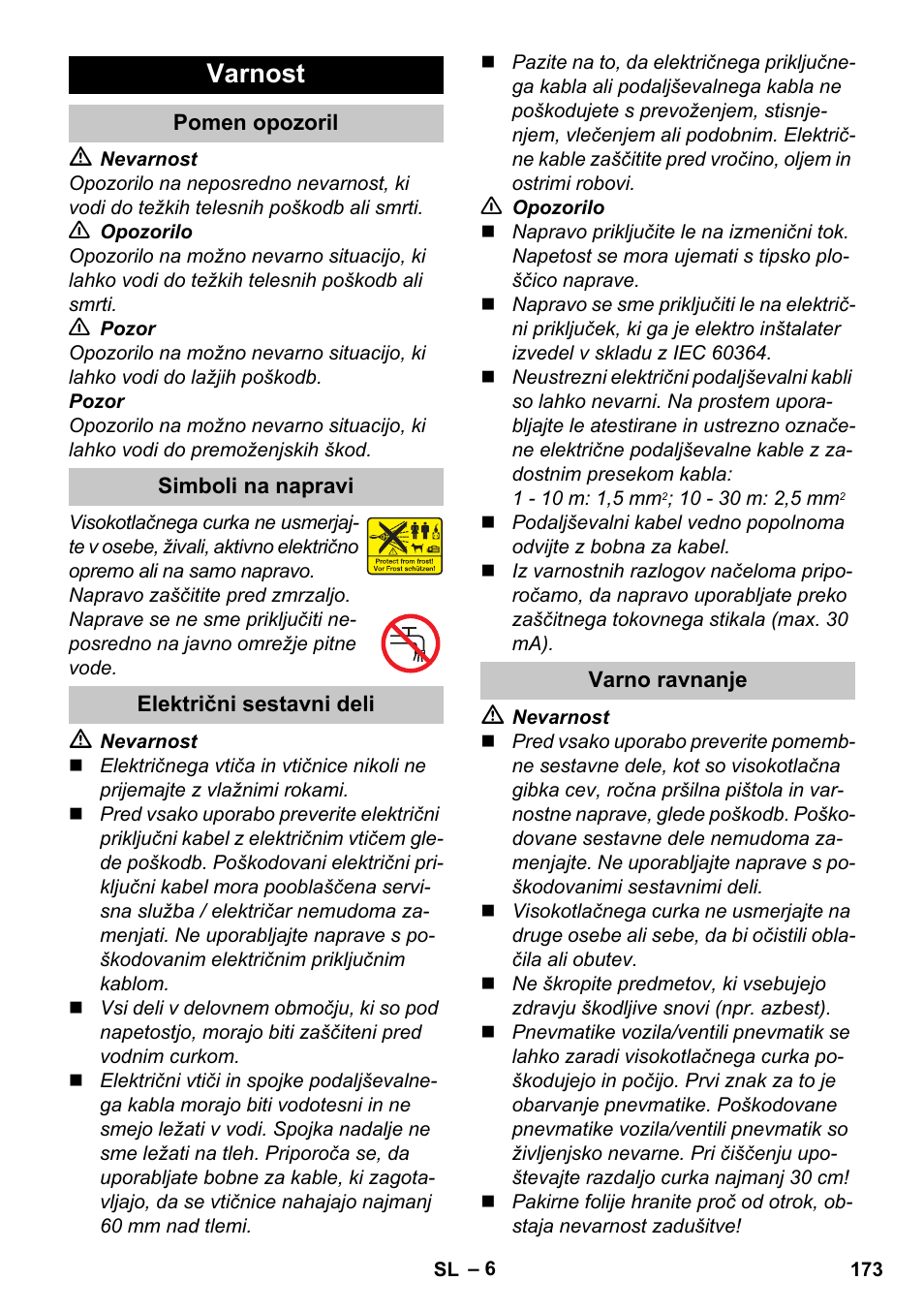 Varnost, Pomen opozoril, Simboli na napravi | Električni sestavni deli, Varno ravnanje | Karcher K 4 Premium eco!ogic Home User Manual | Page 173 / 286