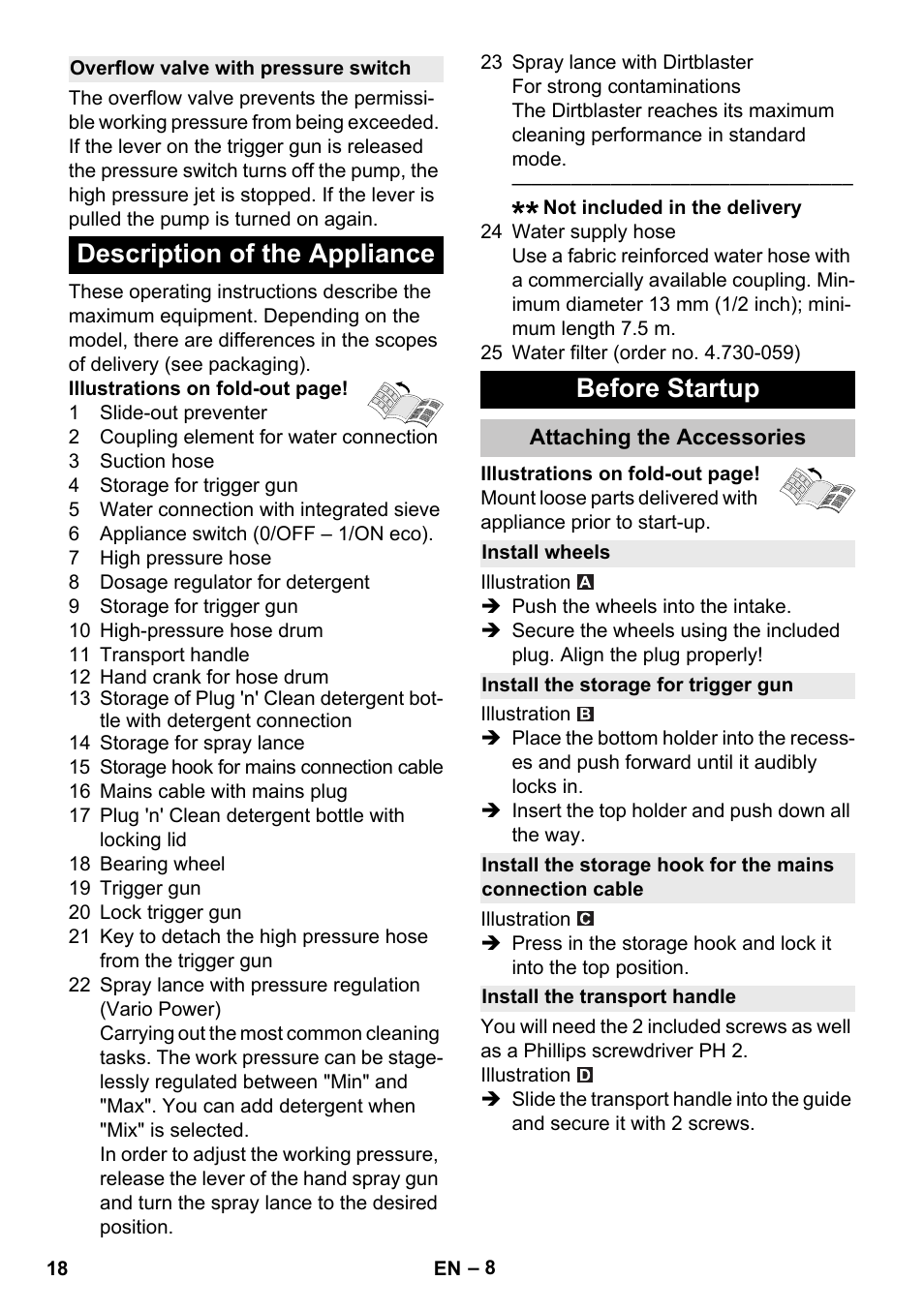 Overflow valve with pressure switch, Description of the appliance, Before startup | Attaching the accessories, Install wheels, Install the storage for trigger gun, Install the transport handle, Description of the appliance before startup | Karcher K 4 Premium eco!ogic Home User Manual | Page 18 / 286