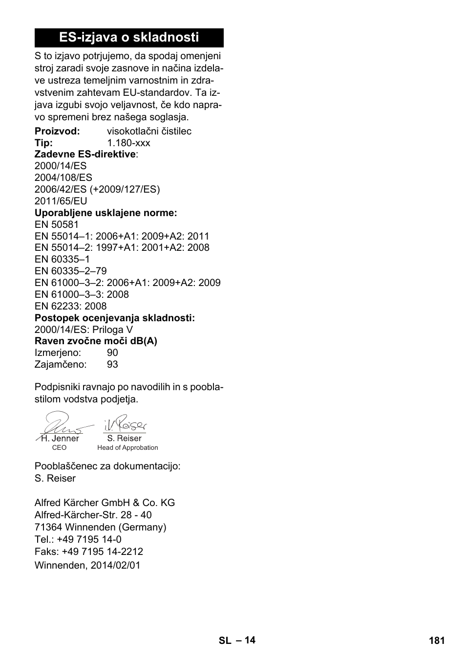 Es-izjava o skladnosti | Karcher K 4 Premium eco!ogic Home User Manual | Page 181 / 286