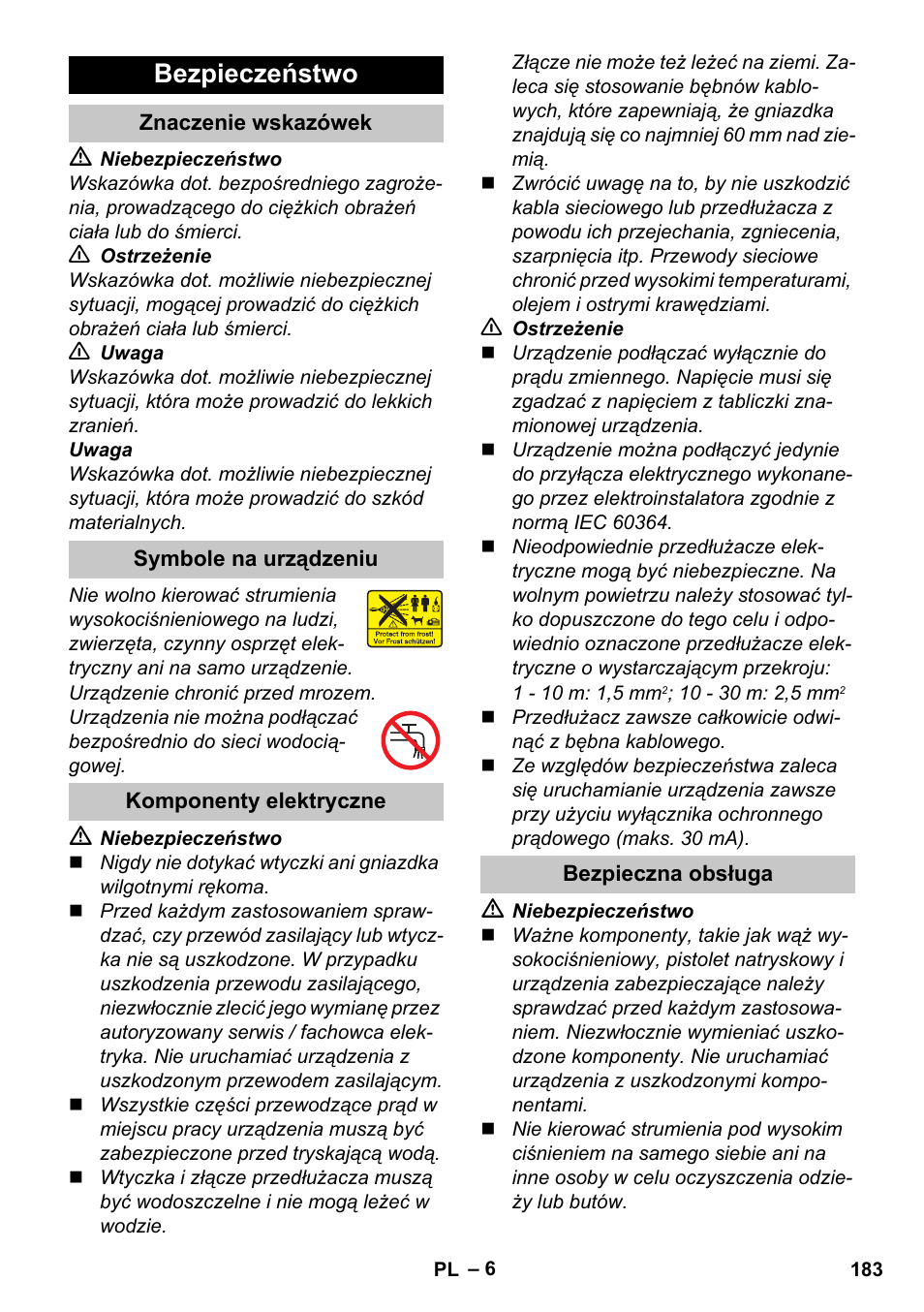 Bezpieczeństwo, Znaczenie wskazówek, Symbole na urządzeniu | Komponenty elektryczne, Bezpieczna obsługa | Karcher K 4 Premium eco!ogic Home User Manual | Page 183 / 286