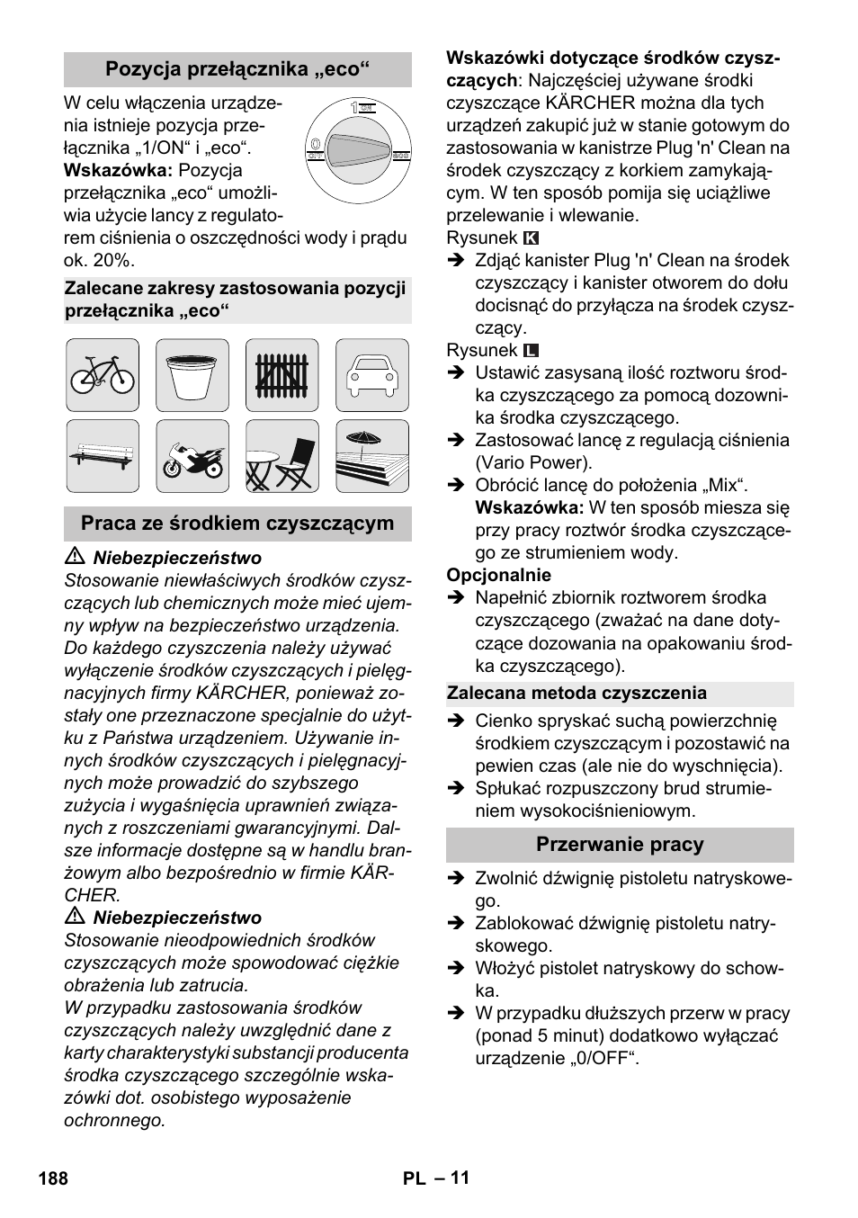 Pozycja przełącznika „eco, Praca ze środkiem czyszczącym, Zalecana metoda czyszczenia | Przerwanie pracy | Karcher K 4 Premium eco!ogic Home User Manual | Page 188 / 286