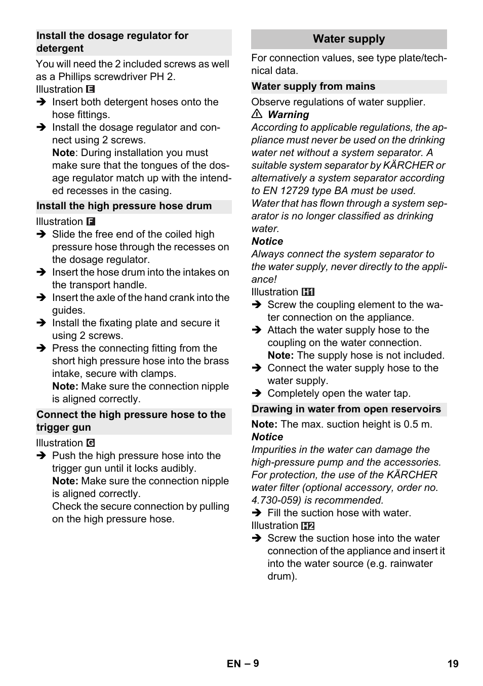 Install the dosage regulator for detergent, Install the high pressure hose drum, Connect the high pressure hose to the trigger gun | Water supply, Water supply from mains, Drawing in water from open reservoirs | Karcher K 4 Premium eco!ogic Home User Manual | Page 19 / 286