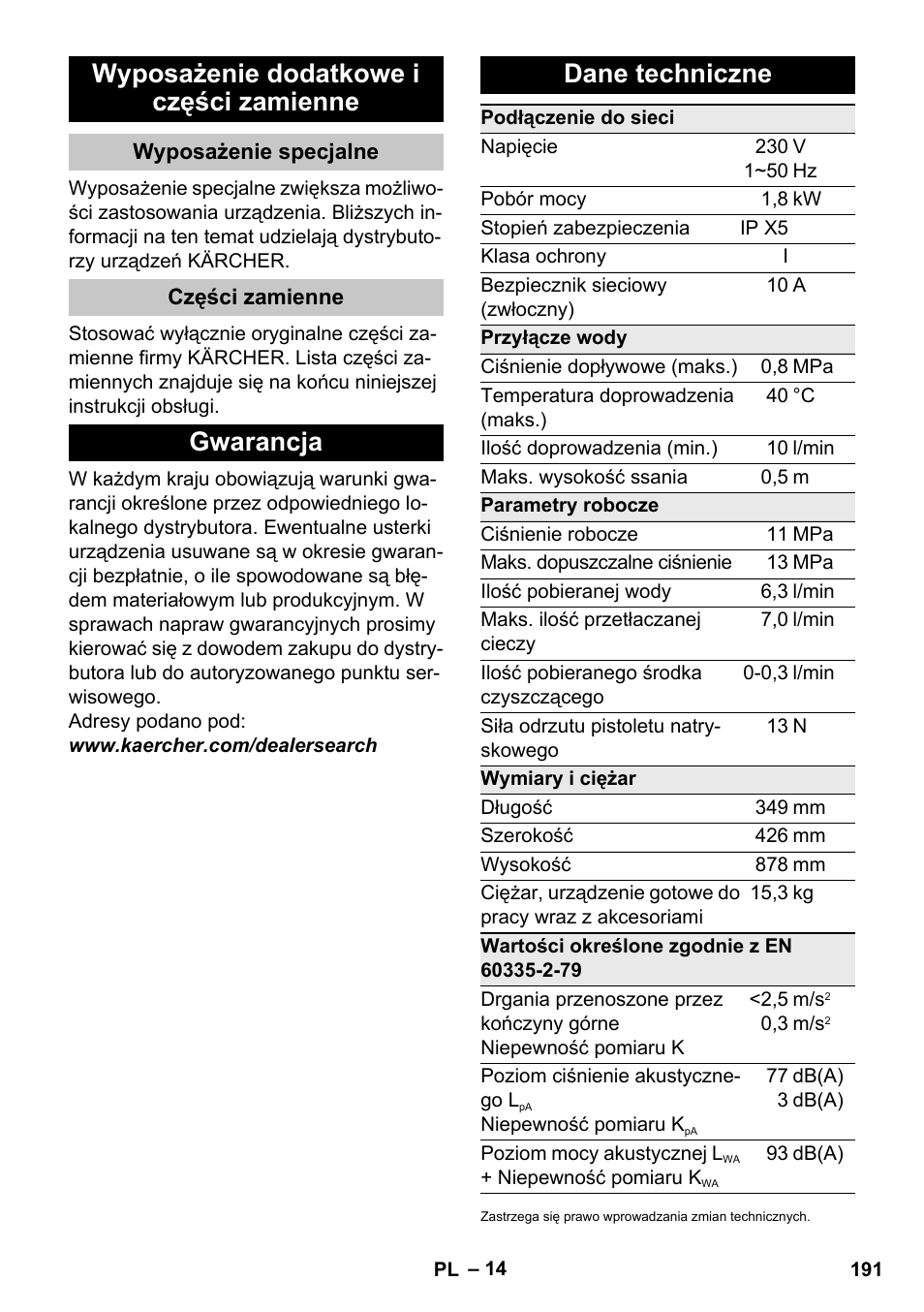 Wyposażenie dodatkowe i części zamienne, Wyposażenie specjalne, Części zamienne | Gwarancja, Dane techniczne, Gwarancja dane techniczne | Karcher K 4 Premium eco!ogic Home User Manual | Page 191 / 286