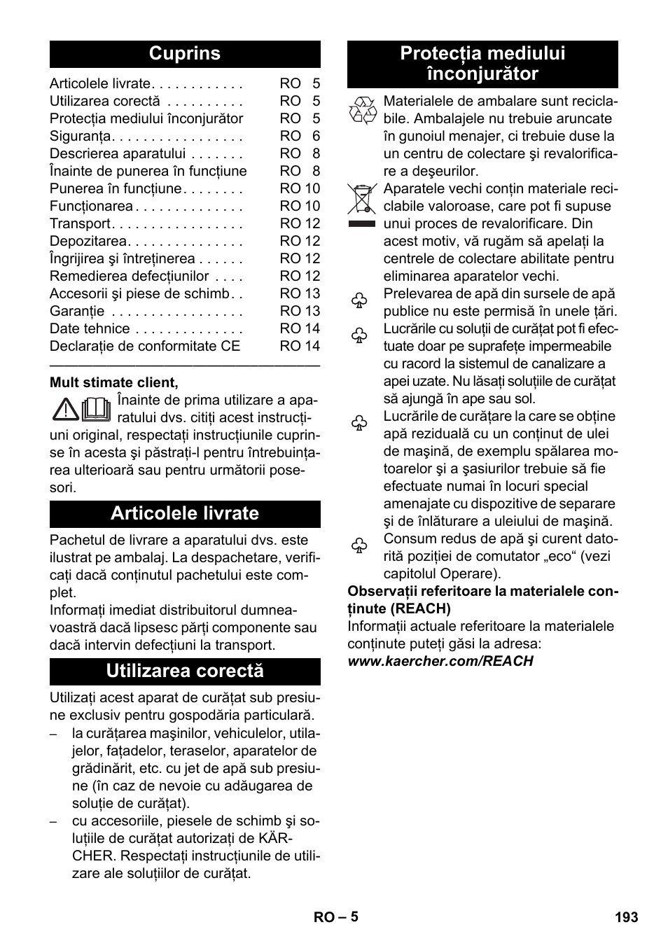 Româneşte, Cuprins, Articolele livrate | Utilizarea corectă, Protecţia mediului înconjurător | Karcher K 4 Premium eco!ogic Home User Manual | Page 193 / 286