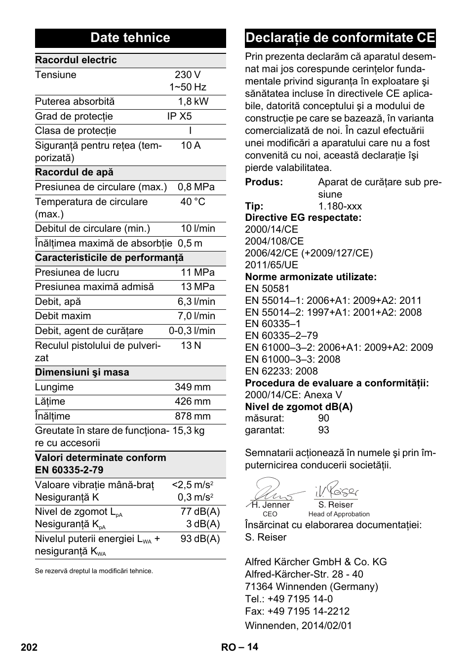 Date tehnice, Declaraţie de conformitate ce | Karcher K 4 Premium eco!ogic Home User Manual | Page 202 / 286