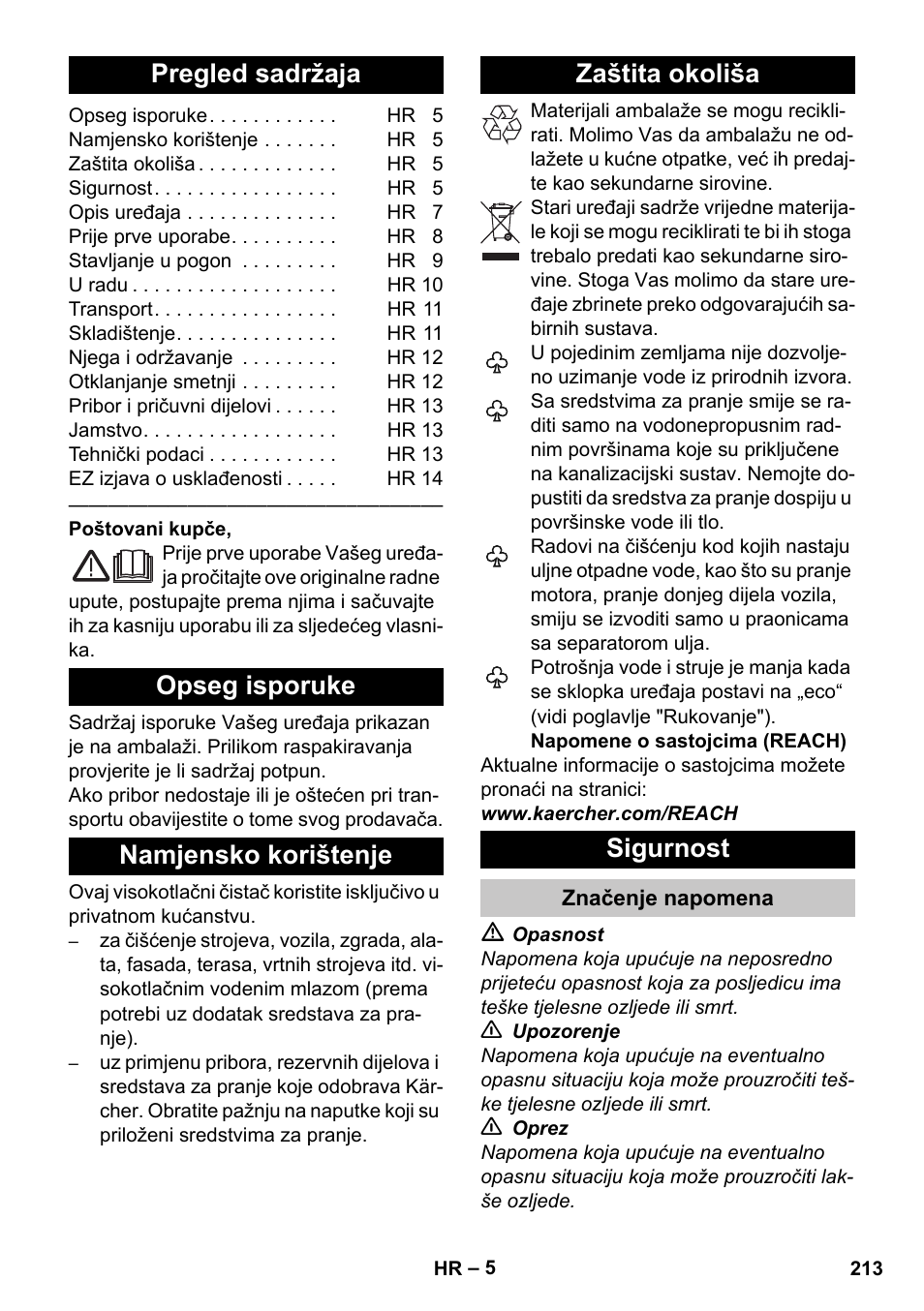 Hrvatski, Pregled sadržaja, Opseg isporuke | Namjensko korištenje, Zaštita okoliša, Sigurnost, Značenje napomena | Karcher K 4 Premium eco!ogic Home User Manual | Page 213 / 286