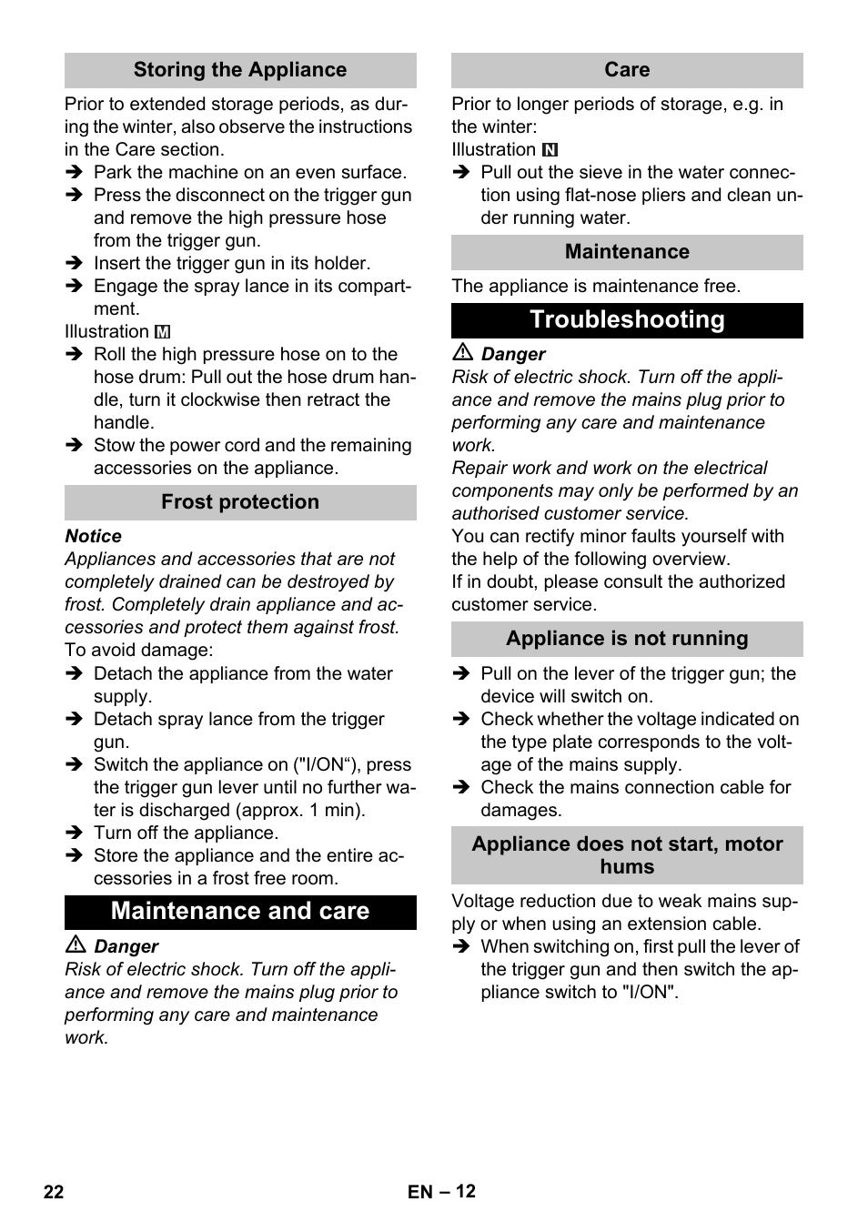 Storing the appliance, Frost protection, Maintenance and care | Care, Maintenance, Troubleshooting, Appliance is not running, Appliance does not start, motor hums | Karcher K 4 Premium eco!ogic Home User Manual | Page 22 / 286