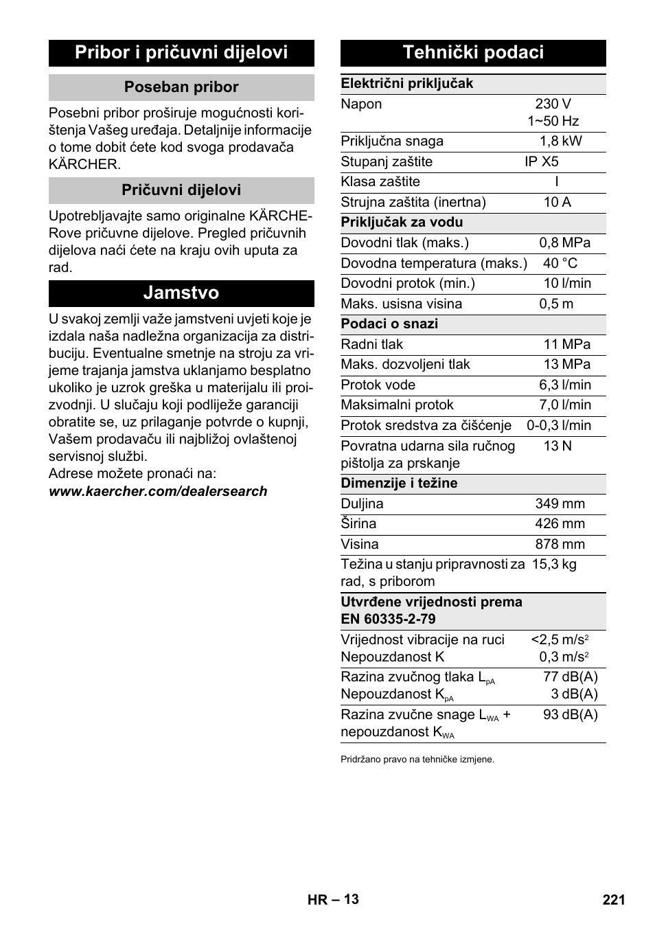 Pribor i pričuvni dijelovi, Poseban pribor, Pričuvni dijelovi | Jamstvo, Tehnički podaci, Jamstvo tehnički podaci | Karcher K 4 Premium eco!ogic Home User Manual | Page 221 / 286