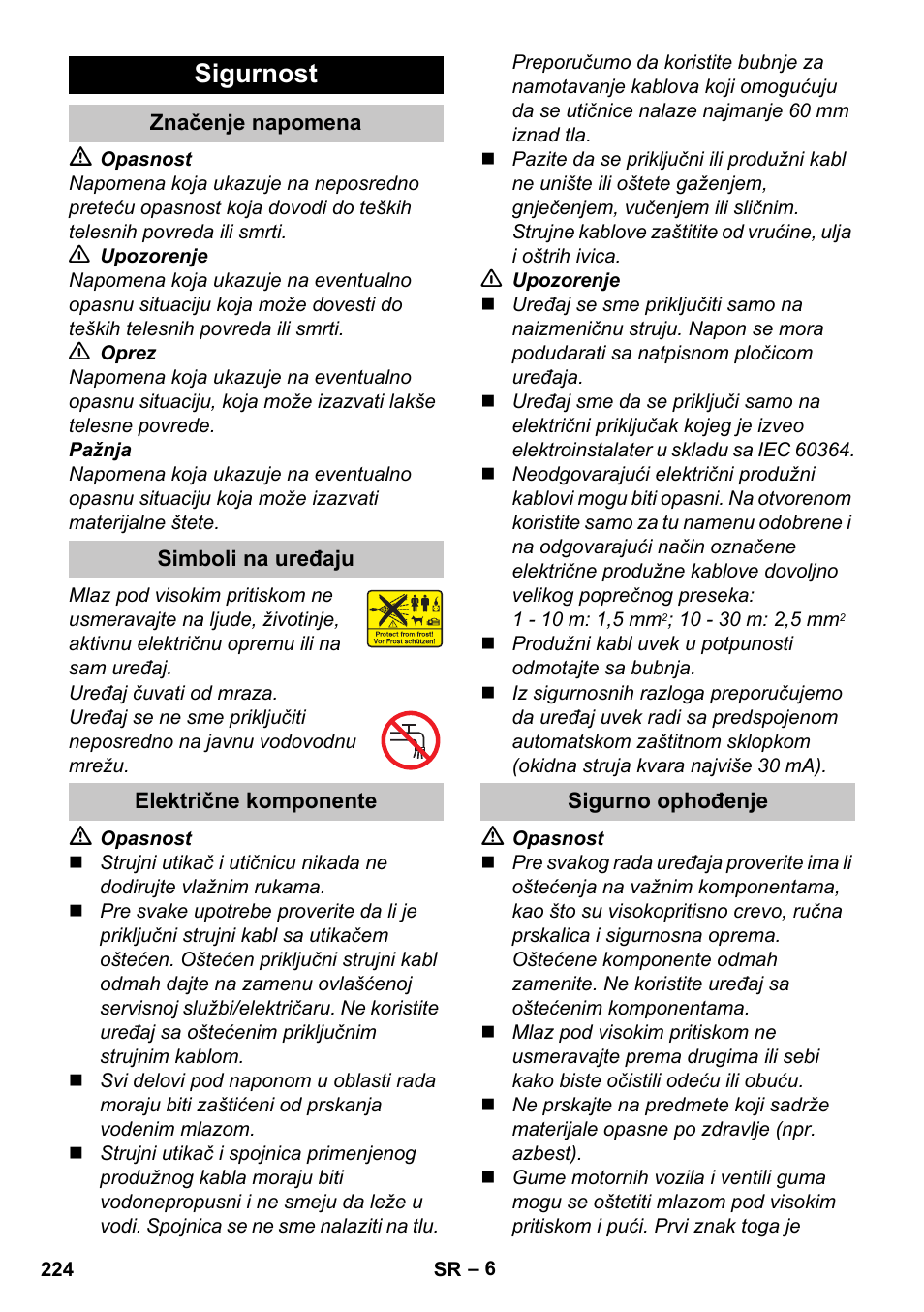 Sigurnost, Značenje napomena, Simboli na uređaju | Električne komponente, Sigurno ophođenje | Karcher K 4 Premium eco!ogic Home User Manual | Page 224 / 286