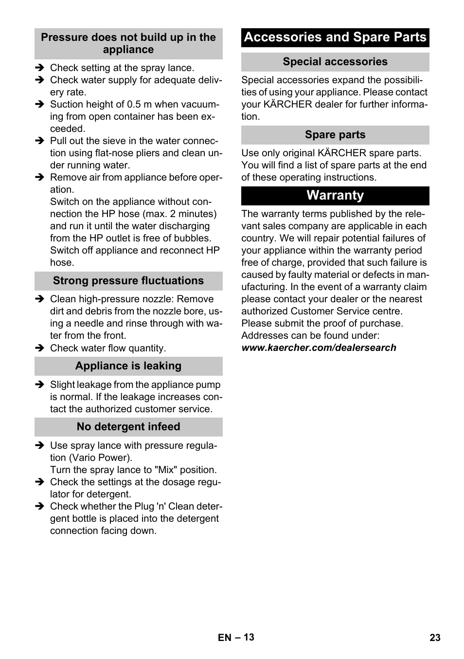 Pressure does not build up in the appliance, Strong pressure fluctuations, Appliance is leaking | No detergent infeed, Accessories and spare parts, Special accessories, Spare parts, Warranty | Karcher K 4 Premium eco!ogic Home User Manual | Page 23 / 286